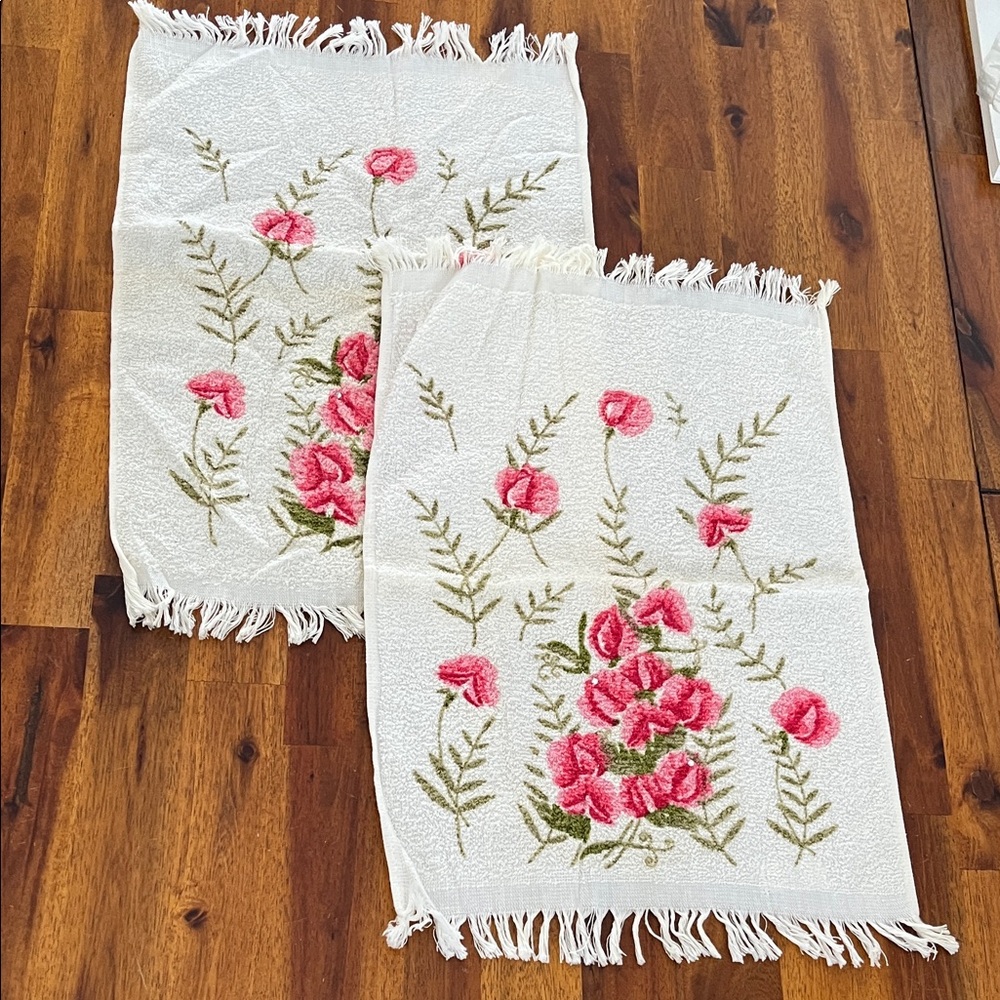 2 Vtg Royal Terry Of California Hand Towels Pink Roses & Rhinestones MCM Floral